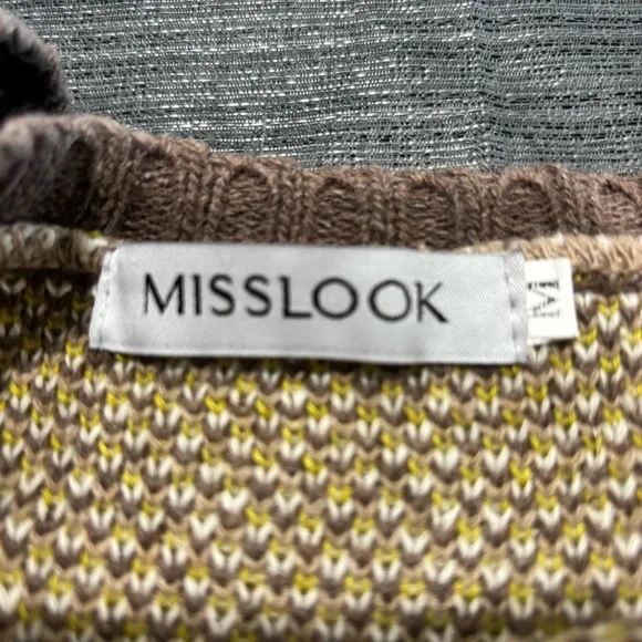 MISSLOOK women’s crewneck sweater size Med brown/cream/chartreuse - Picture 9 of 9